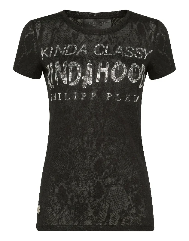 T-shirt Round Neck SS Crystal Beaded Sequined Faux Fur