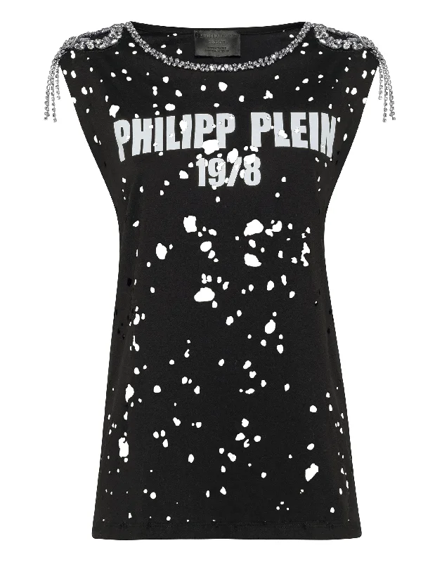 T-shirt Round Neck SS Destroyed Welt Pockets Slit Pockets