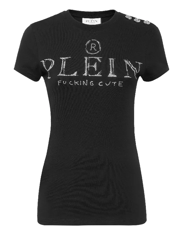 T-shirt Round Neck SS Sexy Pure Fit with Crystals Terry Blend Velvet Blend Canvas Blend