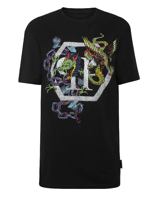 T-shirt Round Neck SS Tattoo Patches with Crystals Jersey Fabric Tulle Fabric Batik Fabric