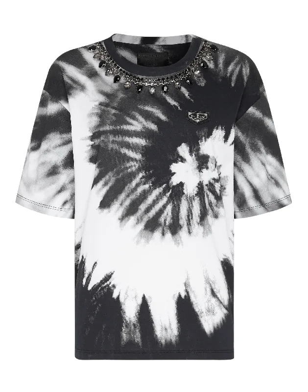 T-shirt Round Neck SS Tie dye Mesh Fabric Canvas Fabric Denim Fabric