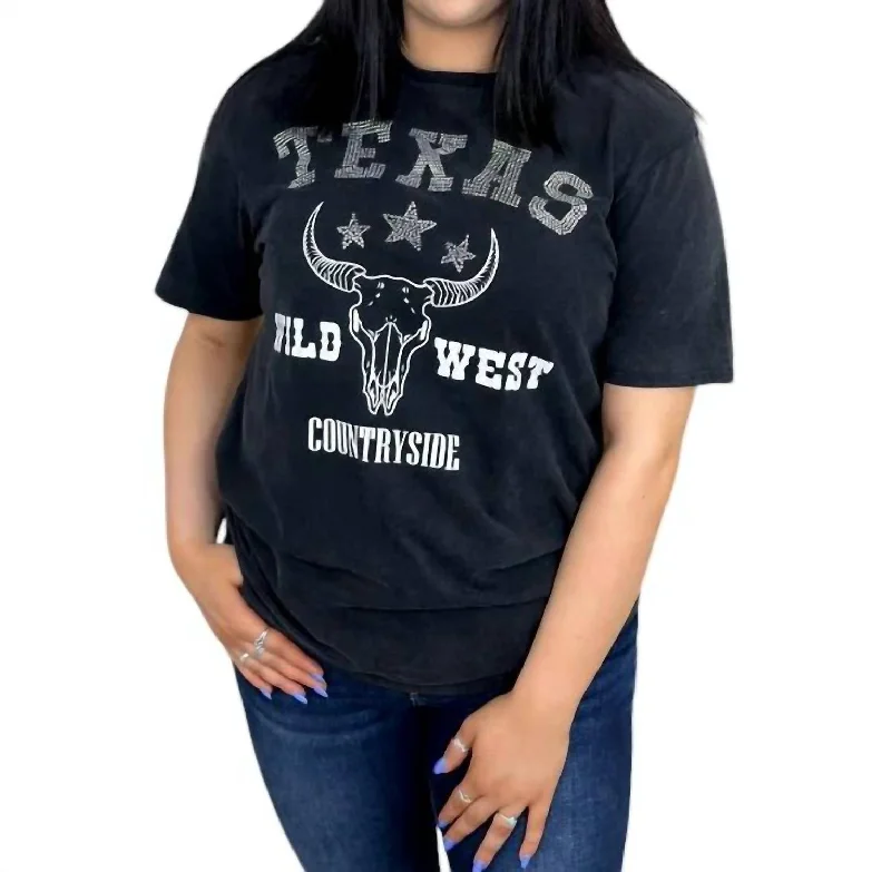 Texas Rhinestone Graphic Tee In Washed Black Satin Fabric Silk Fabric Chiffon Fabric