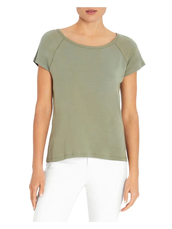 Womens Boat Neck Cap Sleeve T-Shirt Mesh Blend Leather Blend Suede Blend