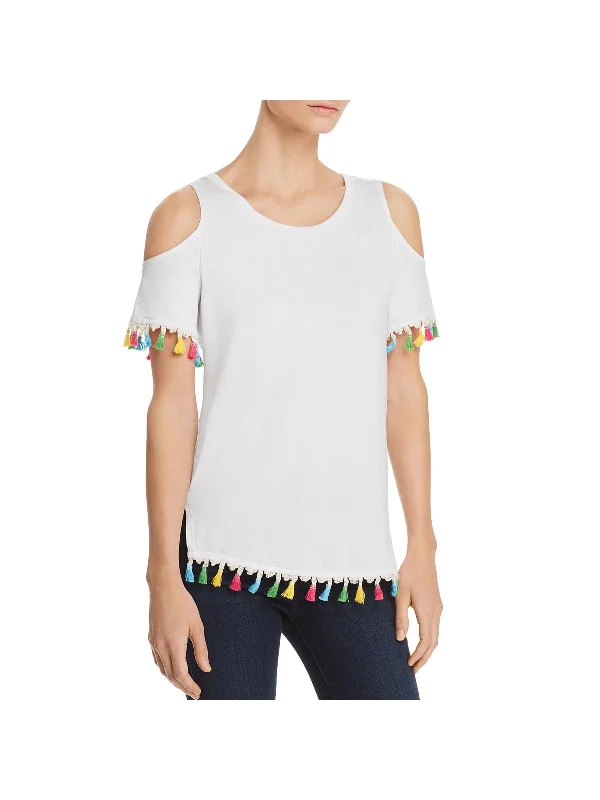 Womens Cold Shoulder Tassel T-Shirt Cozy Warm Stylish