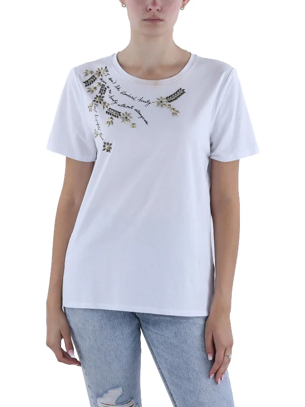 Womens Embellished Crewneck Graphic T-Shirt Zippered Buttoned Snapped