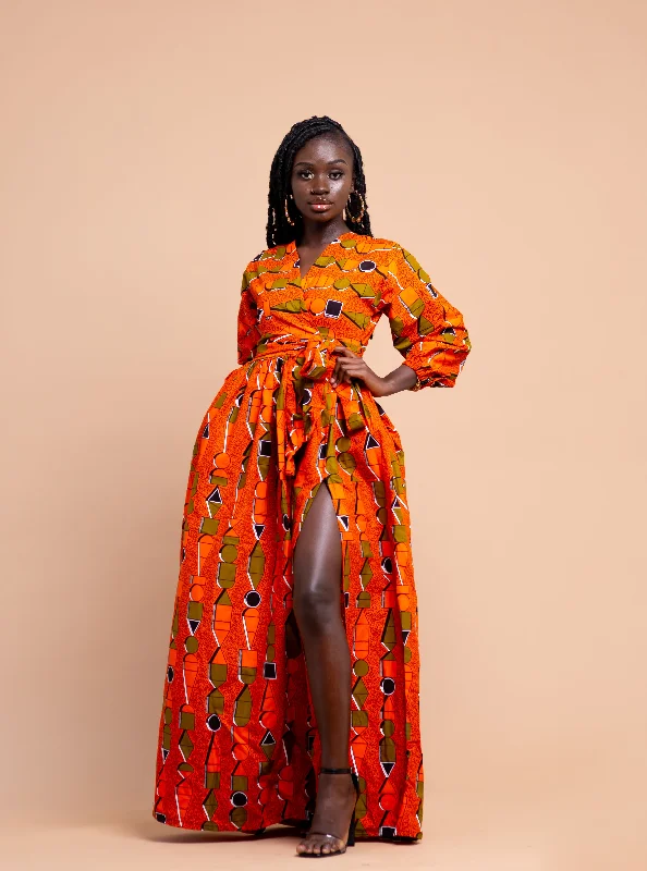 Annette Ankara Maxi Dress | Orange African Print Elegant Floral Maxi Dress