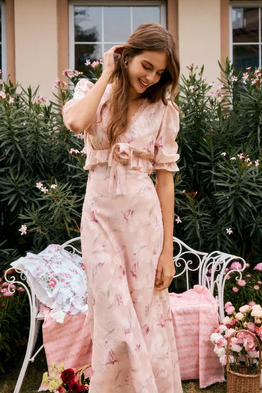 Archie Chiffon High Waist Maxi Dress in Pink Elegant Lace-Up Maxi Dress