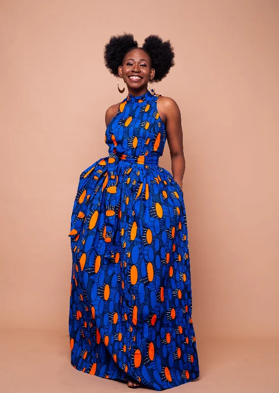 Aubrie Ankara Maxi Dress | Blue and Orange African Print Casual Maxi Dress with Pockets