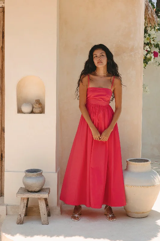 Azalea Watermelon Red Flared Maxi Dress Chic Boho Print Maxi Dress