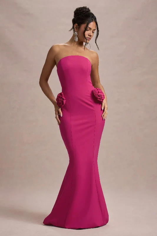 Best Of The Best | Dark Pink Strapless Fishtail Maxi Dress With Corsages Stylish Button-Up Maxi Dress