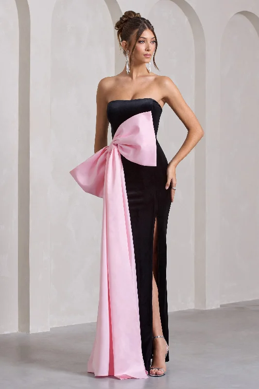 Best Wishes | Black Velvet Bandeau Split Maxi Dress With Oversized Pink Bow Trendy Satin Maxi Dress