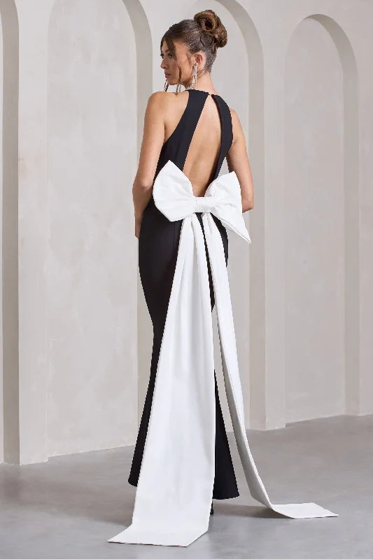 Bestow | Black Open-Back Maxi Dress With Oversized White Bow Fashionable Faux Wrap Maxi Dress Bestow | Black Open-Back Maxi Dress With Oversized White Bow Fashionable Faux Wrap Maxi Dress