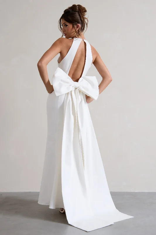 Bestow | White Open-Back Maxi Dress With Oversized White Bow Stylish Longline Maxi Dress