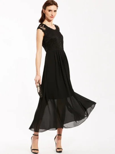 Black Cap Sleeve Women's Maxi Dress Comfortable Plunging Neckline Maxi Dress