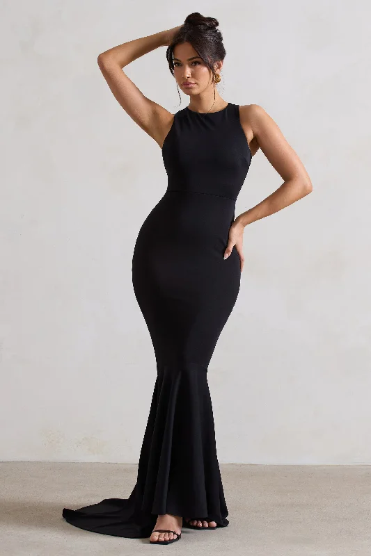 Bodhi | Black Racer-Neck Fishtail Maxi Dress Elegant Pleated Maxi Dress