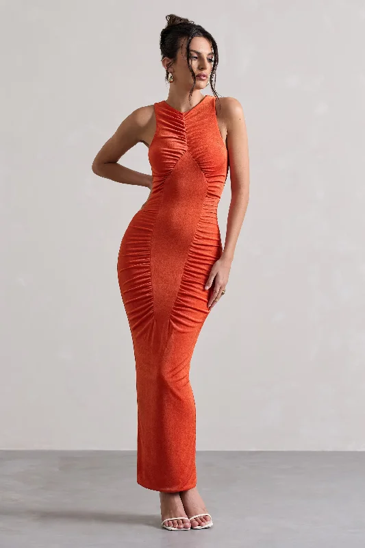 Bombshell | Orange High Neck Diamond Ruched Maxi Dress Fashionable Chiffon Tiered Maxi Dress