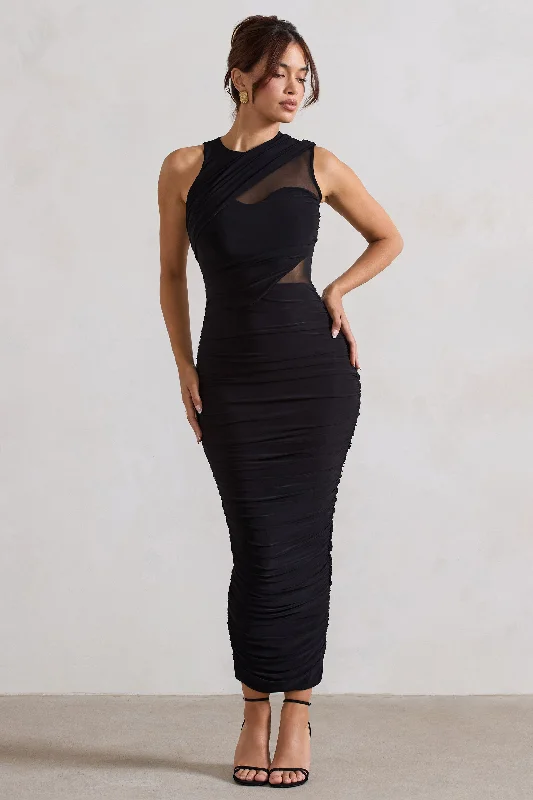 Born With It | Black Sleeveless High-Neck Draped Maxi Dress With Mesh Inserts Comfortable Flowy Maxi Dress