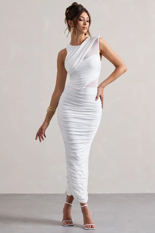 Born With It | White Sleeveless High-Neck Draped Maxi Dress With Mesh Inserts Stylish Boho Maxi Dress