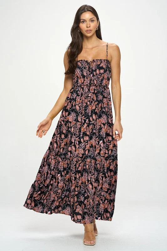 Botanical Print Front Tie Maxi Dress - Black Comfortable Maxi Dress with Belt