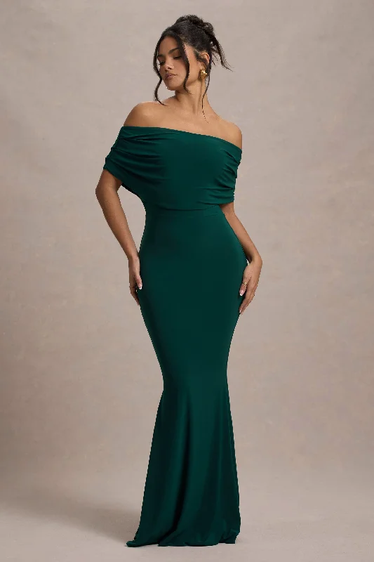 Bowden | Bottle Green Bardot Maxi Dress Elegant Lace-Up Maxi Dress