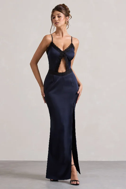 Brescia | Navy Satin Cut-Out Maxi Dress With Lace Trim Comfortable Bohemian Maxi Dress Brescia | Navy Satin Cut-Out Maxi Dress With Lace Trim Comfortable Bohemian Maxi Dress