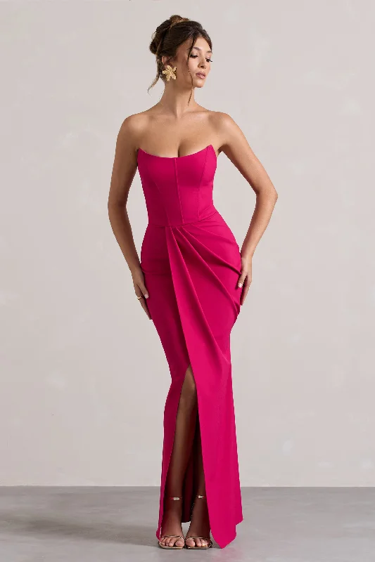 Brigitte | Hot Pink Strapless Corset Wrap Maxi Dress Cozy Maxi Dress with Slit
