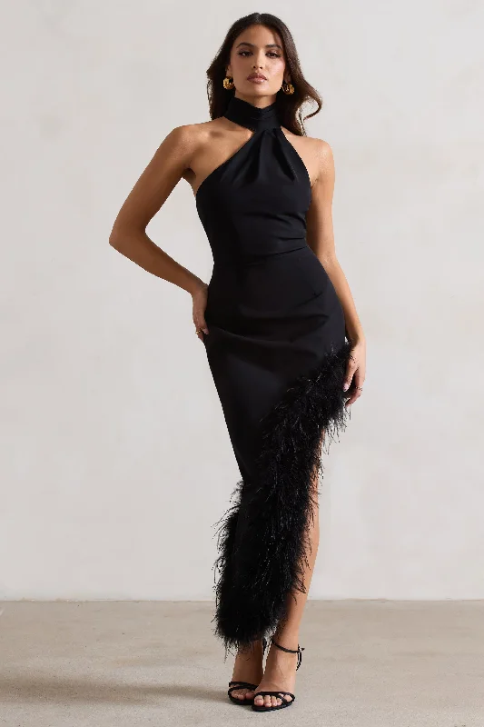 Brilliance | Black Asymmetric Maxi Dress With Feather Trim Chic Button-Up Maxi Dress Brilliance | Black Asymmetric Maxi Dress With Feather Trim Chic Button-Up Maxi Dress