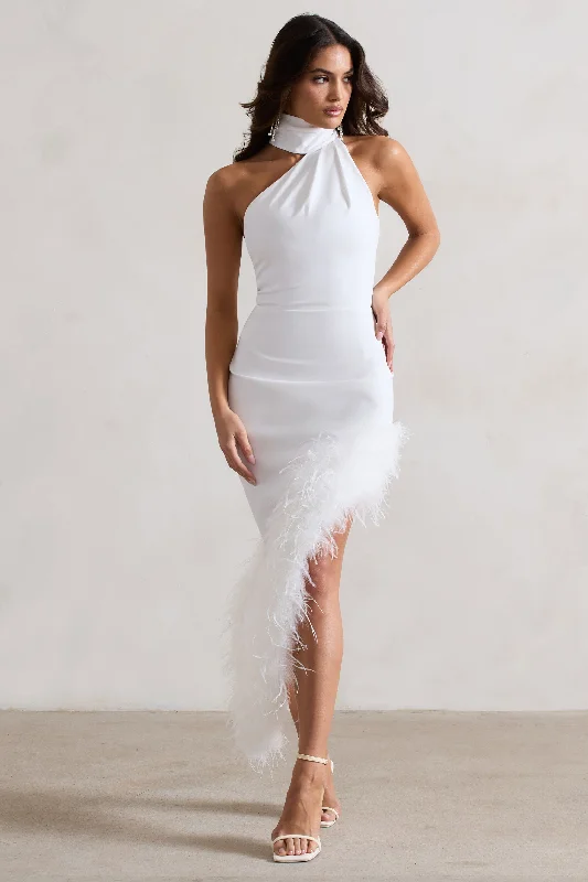 Brilliance | White Asymmetric Maxi Dress With Feather Trim Chic Summer Floral Maxi Dress Brilliance | White Asymmetric Maxi Dress With Feather Trim Chic Summer Floral Maxi Dress