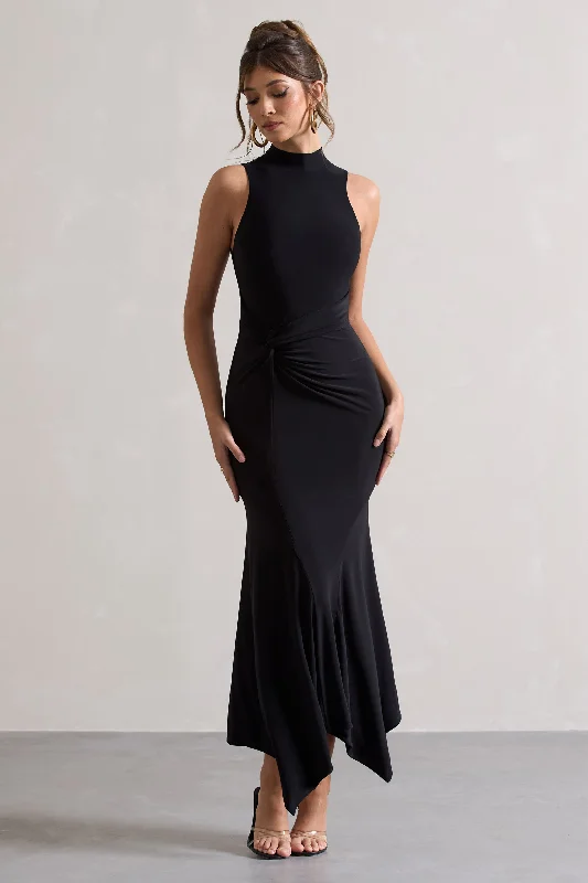Brionna | Black High-Neck Twist Maxi Dress Cozy Open-Back Maxi Dress