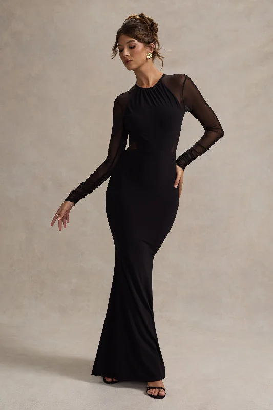 Brittany | Black Mesh Insert Maxi Dress Comfortable Bohemian Maxi Dress