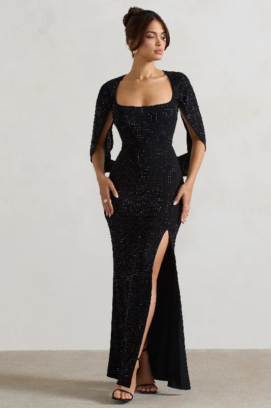 Broadway | Black Embellished Fishtail Maxi Dress With Cape Sleeves Fashionable High-Waist Maxi Dress Broadway | Black Embellished Fishtail Maxi Dress With Cape Sleeves Fashionable High-Waist Maxi Dress