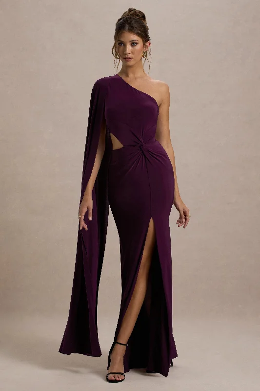 Brona | Plum One-Shoulder Cape-Sleeve Split Maxi Dress Elegant Wraparound Maxi Dress Brona | Plum One-Shoulder Cape-Sleeve Split Maxi Dress Elegant Wraparound Maxi Dress
