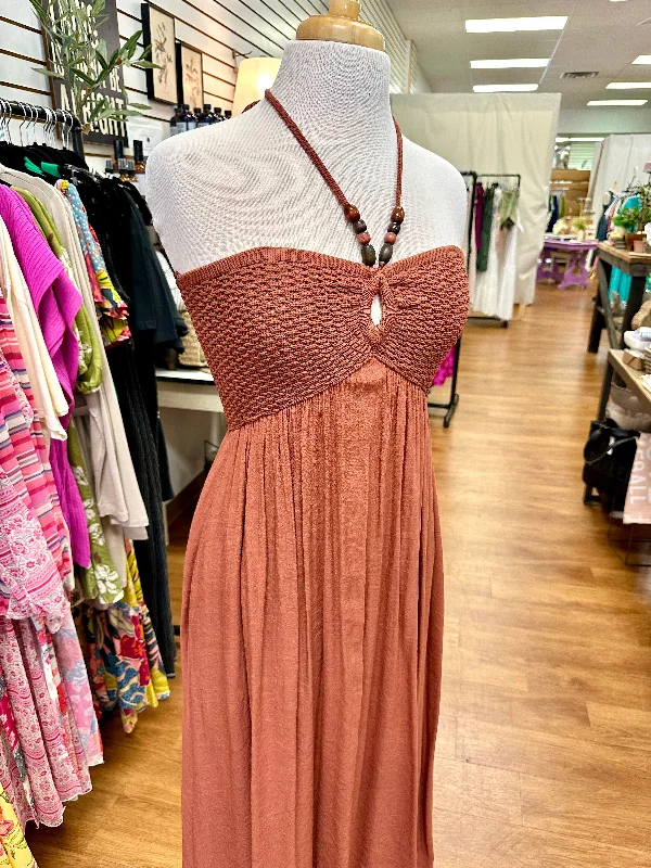 Brown Bead Detail Halter Maxi Dress | Boutique Elise | Hayden Fashionable Maxi Dress with Fringe