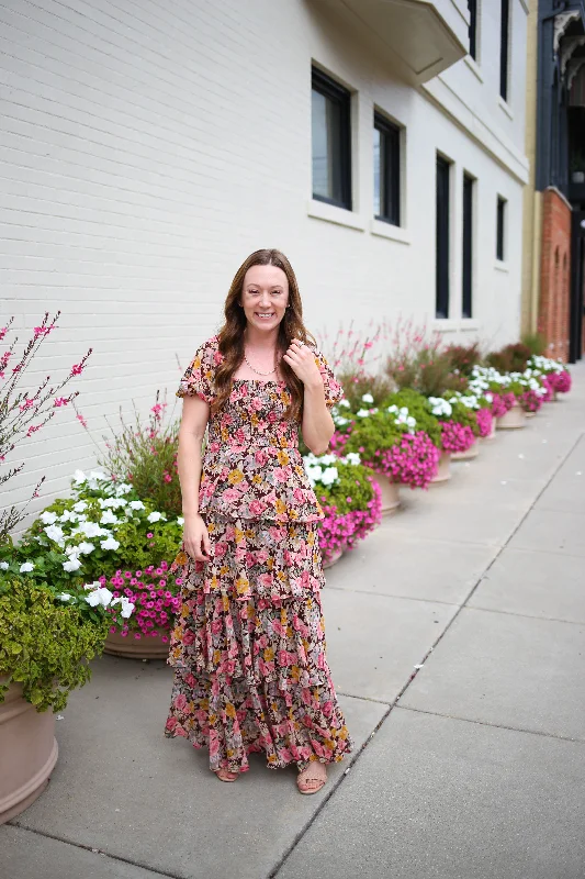 Brown Floral Print Tiered Ruffle Maxi Dress | Boutique Elise | Josie Fashionable Chiffon Tiered Maxi Dress Brown Floral Print Tiered Ruffle Maxi Dress | Boutique Elise | Josie Fashionable Chiffon Tiered Maxi Dress