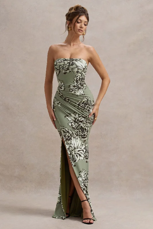 Buena | Olive Floral Print Strapless Gathered Maxi Dress With Split Cozy Ribbed Maxi Dress Buena | Olive Floral Print Strapless Gathered Maxi Dress With Split Cozy Ribbed Maxi Dress