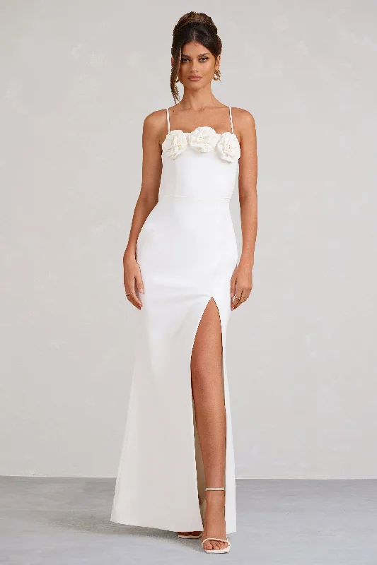 Buttercup | White Strappy Floral Split Maxi Dress Stylish Maxi Dress with Pleats