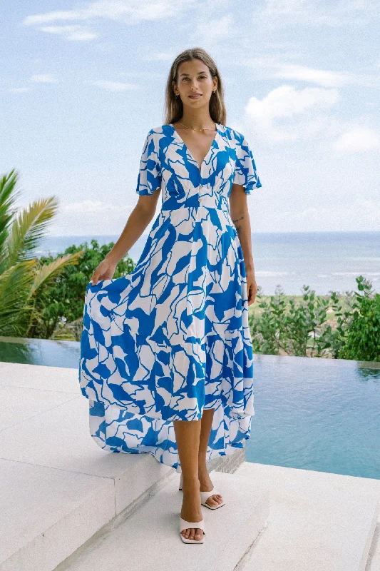 Calypso Blue Abstract High Low Maxi Dress Comfortable Maxi Dress with Sleeves
