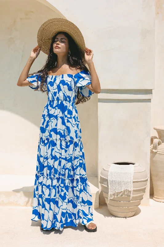 Calypso Blue Abstract Tiered Maxi Dress Cozy Ribbed Maxi Dress