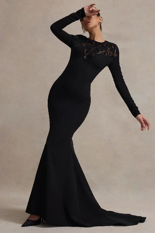 Campbell | Black Long-Sleeve Maxi Dress With Lace Detail Trendy Off-Shoulder Ruffle Maxi Dress Campbell | Black Long-Sleeve Maxi Dress With Lace Detail Trendy Off-Shoulder Ruffle Maxi Dress