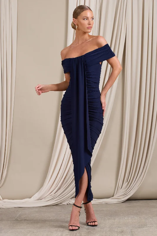 Camrin | Navy Ruched Bardot Maxi Dress With Train Detail Stylish V-Neck Maxi Dress