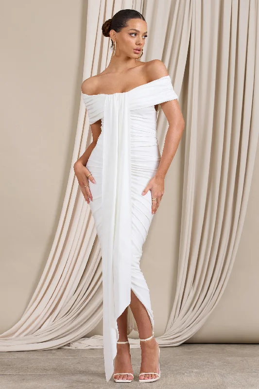 Camrin | White Ruched Bardot Maxi Dress With Train Detail Fashionable Button-Down Maxi Dress Camrin | White Ruched Bardot Maxi Dress With Train Detail Fashionable Button-Down Maxi Dress