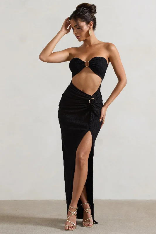 Cancun | Black Crinkle Strapless Cut-Out Maxi Dress With Twist Stylish Longline Maxi Dress Cancun | Black Crinkle Strapless Cut-Out Maxi Dress With Twist Stylish Longline Maxi Dress