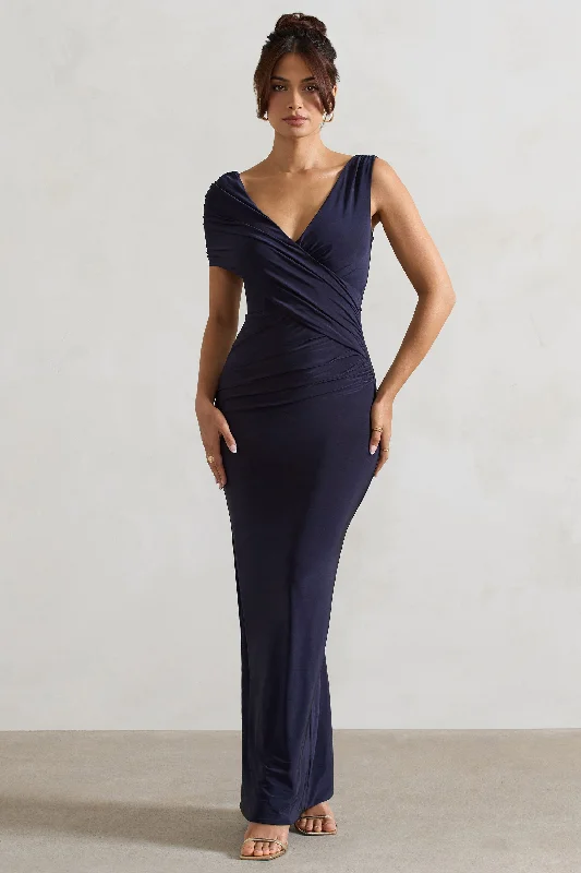 Capella | Navy Asymmetric Wrap Maxi Dress Fashionable Off-Shoulder Maxi Dress