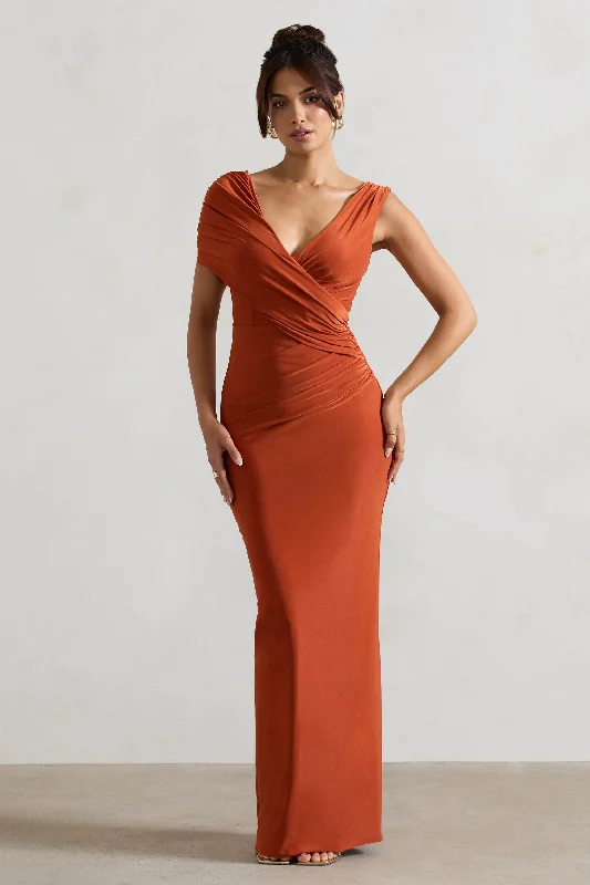 Capella | Rust Asymmetric Wrap Maxi Dress Fashionable Open-Back Maxi Dress