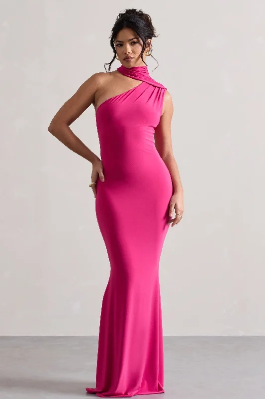 Capucine | Pink One Shoulder Draped Maxi Dress Elegant Maxi Dress with Slit