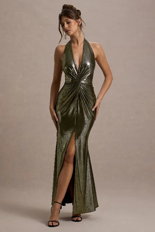 Carana | Gold Plunge-Neck Knotted Split Maxi Dress Elegant Lace-Up Maxi Dress