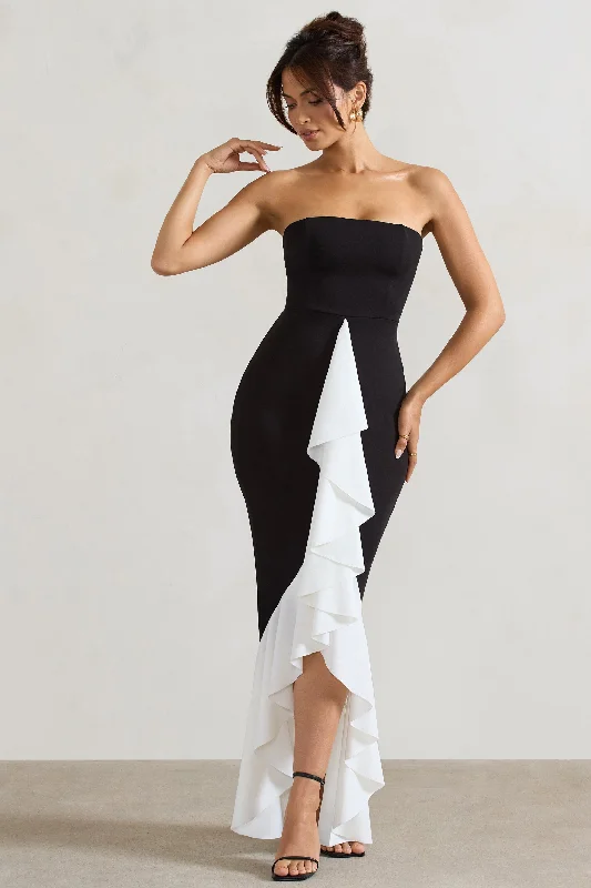 Carbonne | Black & White Bandeau Ruffled Maxi Dress Cozy Maxi Dress with Slit