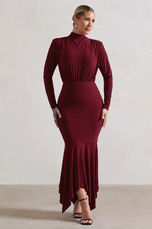 Carla | Berry High-Neck Maxi Dress With Draped Hem Trendy A-Line Maxi Dress