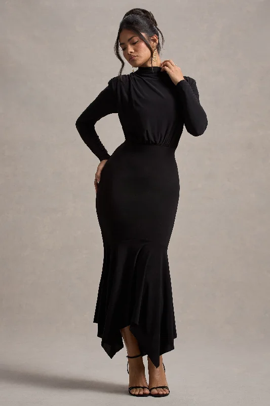 Carla | Black High-Neck Maxi Dress With Draped Hem Stylish A-Line Maxi Dress