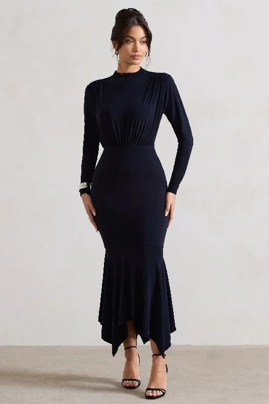 Carla | Navy High-Neck Maxi Dress With Draped Hem Elegant Maxi Dress with Pockets